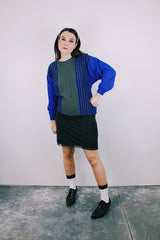 long sleeve grey blue and black striped dolman pullover sweater wool vintage 1980's