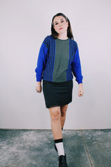 long sleeve grey blue and black striped dolman pullover sweater wool vintage 1980's