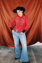 long sleeve button up western red shirt with collar and embroidered sunflowers women's vintage 1950's