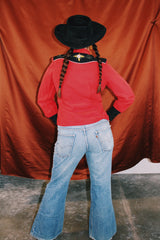 long sleeve button up western red shirt with collar and embroidered sunflowers women's vintage 1950's