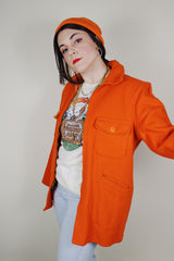 Men's vintage 1960's Outdoorsmans Clothing by Gander Mountain Inc., Wilmot, Wisconsin label long sleeve bright orange wool zip up shacket
