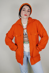 Men's vintage 1960's Outdoorsmans Clothing by Gander Mountain Inc., Wilmot, Wisconsin label long sleeve bright orange wool zip up shacket