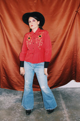 long sleeve button up western red shirt with collar and embroidered sunflowers women's vintage 1950's