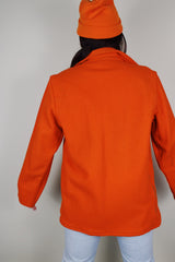 Men's vintage 1960's Outdoorsmans Clothing by Gander Mountain Inc., Wilmot, Wisconsin label long sleeve bright orange wool zip up shacket