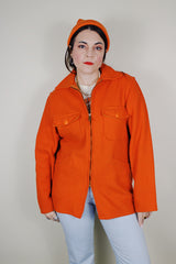 Men's vintage 1960's Outdoorsmans Clothing by Gander Mountain Inc., Wilmot, Wisconsin label long sleeve bright orange wool zip up shacket