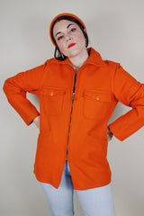 Men's vintage 1960's Outdoorsmans Clothing by Gander Mountain Inc., Wilmot, Wisconsin label long sleeve bright orange wool zip up shacket