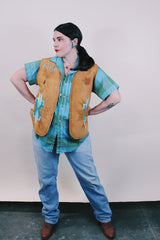 Women's or men's western style vintage 1970's sleeveless brown tan colored suede vest with all over teal colored hand painting.