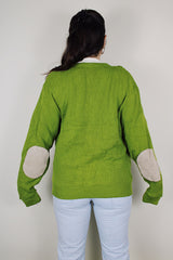 vintage 1960's SKM Penguin, Seattle Knitting Mills label long sleeve green button up wool cardigan with braiding detail on each side and tan leather patches on the elbows