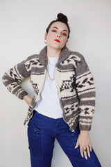 vintage 1970's Longhouse label long sleeve wool eagle printed cowichan style cardigan sweater in cream and light brown
