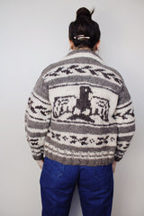 vintage 1970's Longhouse label long sleeve wool eagle printed cowichan style cardigan sweater in cream and light brown