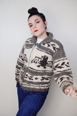 vintage 1970's Longhouse label long sleeve wool eagle printed cowichan style cardigan sweater in cream and light brown