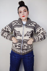 vintage 1970's Longhouse label long sleeve wool eagle printed cowichan style cardigan sweater in cream and light brown
