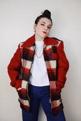 vintage 1950's Stanhouse Outdoor Garments label long sleeve wool jacket in red with black and white plaid front and bronze zipper closure