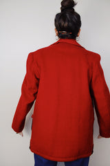 vintage 1950's Stanhouse Outdoor Garments label long sleeve wool jacket in red with black and white plaid front and bronze zipper closure