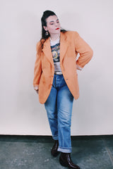 Women's or men's vintage 1970's Silverwoods, LeBaron California Clothes label long sleeve peach colored button up blazer in wool material.