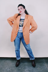 Women's or men's vintage 1970's Silverwoods, LeBaron California Clothes label long sleeve peach colored button up blazer in wool material.