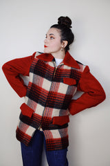 vintage 1950's Stanhouse Outdoor Garments label long sleeve wool jacket in red with black and white plaid front and bronze zipper closure