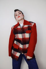 vintage 1950's Stanhouse Outdoor Garments label long sleeve wool jacket in red with black and white plaid front and bronze zipper closure