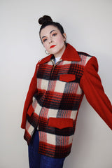 vintage 1950's Stanhouse Outdoor Garments label long sleeve wool jacket in red with black and white plaid front and bronze zipper closure