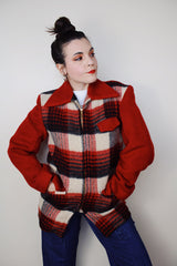 vintage 1950's Stanhouse Outdoor Garments label long sleeve wool jacket in red with black and white plaid front and bronze zipper closure