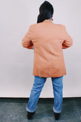 Women's or men's vintage 1970's Silverwoods, LeBaron California Clothes label long sleeve peach colored button up blazer in wool material.