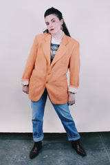 Women's or men's vintage 1970's Silverwoods, LeBaron California Clothes label long sleeve peach colored button up blazer in wool material.