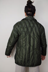 Women's vintage 1970's White Stag, USA label long sleeve olive green nylon quilted puffer jacket with silver zipper up the front