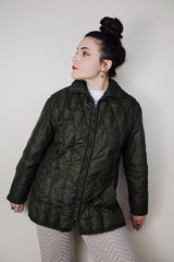 Women's vintage 1970's White Stag, USA label long sleeve olive green nylon quilted puffer jacket with silver zipper up the front