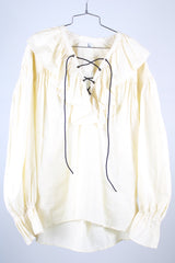 long sleeve cream cotton pirate blouse with ruffle collar and tie front and matching belt vintage