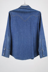 long sleeve dark wash denim button up shirt blouse with collar vintage women's 1970's