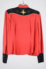 long sleeve button up western red shirt with collar and embroidered sunflowers women's vintage 1950's