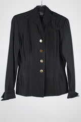 long sleeve black blouse with collar gold buttons and fit flare vintage 1940's