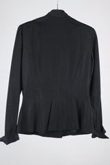 long sleeve black blouse with collar gold buttons and fit flare vintage 1940's