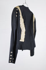 long sleeve black new wave vintage 1980's jacket with decorative stud buttons and gold metallic trim