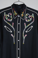 long sleeve black button up western shirt with white piping and embroidery detail vintage 1960's