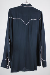 long sleeve black button up western shirt with white piping and embroidery detail vintage 1960's