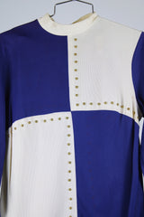 long sleeve color block cream and blue mock neck top with bronze studs vintage women's 1960's