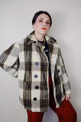 vintage 1970's Oakbrook Sportswear, Sears, The Men's Store label long sleeve cream wool pea coat with maroon, olive, and black plaid print