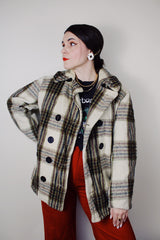 vintage 1970's Oakbrook Sportswear, Sears, The Men's Store label long sleeve cream wool pea coat with maroon, olive, and black plaid print