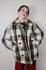 vintage 1970's Oakbrook Sportswear, Sears, The Men's Store label long sleeve cream wool pea coat with maroon, olive, and black plaid print