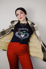 vintage 1970's Oakbrook Sportswear, Sears, The Men's Store label long sleeve cream wool pea coat with maroon, olive, and black plaid print