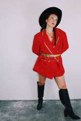 red linen blazer with gold metallic trim double breasted closure vintage men's 1980's