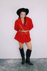 red linen blazer with gold metallic trim double breasted closure vintage men's 1980's