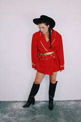 red linen blazer with gold metallic trim double breasted closure vintage men's 1980's