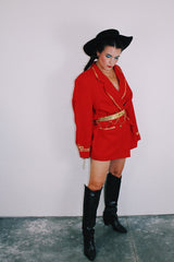 red linen blazer with gold metallic trim double breasted closure vintage men's 1980's