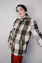 vintage 1970's Oakbrook Sportswear, Sears, The Men's Store label long sleeve cream wool pea coat with maroon, olive, and black plaid print