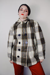 vintage 1970's Oakbrook Sportswear, Sears, The Men's Store label long sleeve cream wool pea coat with maroon, olive, and black plaid print