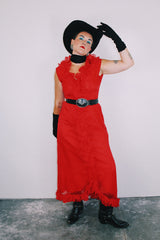 sleeveless ankle length red dress with ruffle trim vintage 1970's