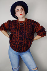 vintage 1980's Le Tigre long sleeve acrylic material navy and coral all over print pullover sweater