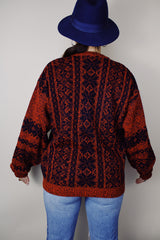 vintage 1980's Le Tigre long sleeve acrylic material navy and coral all over print pullover sweater